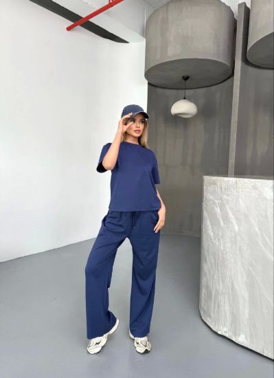 Osy Modal Yumuşak Dokulu Kumaş Kısa Kollu Bluz Rahat Pantalon Ikili Takım- Lacivert resmi